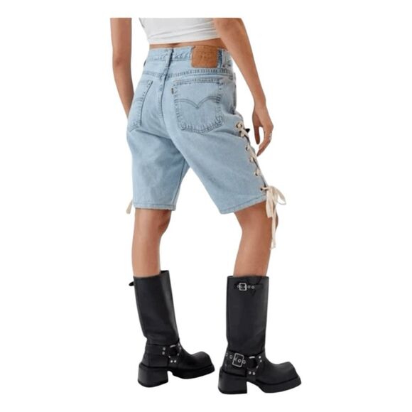 Urban Renewal Remade Levi's Lace Up Denim Jort Jean Shorts Blue Medium Wash 30 - Picture 4 of 10
